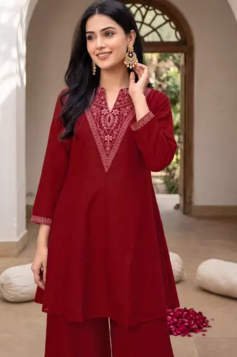 Red premium vichitra silk stand collar v-neck embroidered kurta palazzo 2 piece co-ord sets for women