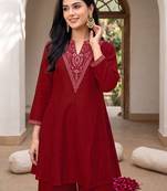 Red premium vichitra silk stand collar v-neck embroidered kurta palazzo 2 piece co-ord sets for women