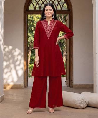 Red premium vichitra silk stand collar v-neck embroidered kurta palazzo 2 piece co-ord sets for women 2