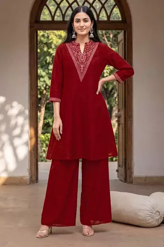 Red premium vichitra silk stand collar v-neck embroidered kurta palazzo 2 piece co-ord sets for women