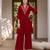 Red premium vichitra silk stand collar v-neck embroidered kurta palazzo 2 piece co-ord sets for women
