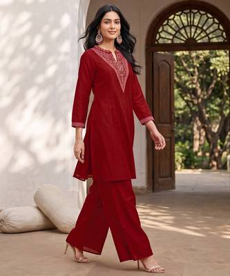 Red premium vichitra silk stand collar v-neck embroidered kurta palazzo 2 piece co-ord sets for women 3