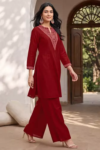 Red premium vichitra silk stand collar v-neck embroidered kurta palazzo 2 piece co-ord sets for women