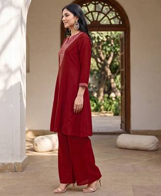 Red premium vichitra silk stand collar v-neck embroidered kurta palazzo 2 piece co-ord sets for women 4
