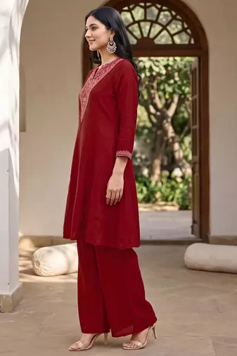 Red premium vichitra silk stand collar v-neck embroidered kurta palazzo 2 piece co-ord sets for women
