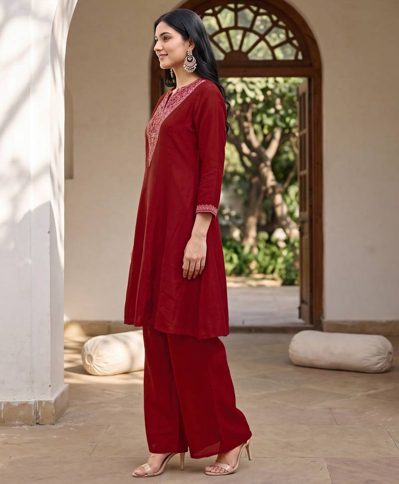 Red premium vichitra silk stand collar v-neck embroidered kurta palazzo 2 piece co-ord sets for women