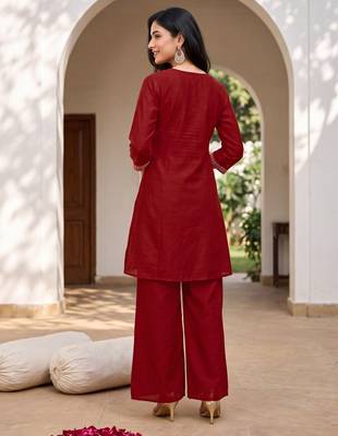 Red premium vichitra silk stand collar v-neck embroidered kurta palazzo 2 piece co-ord sets for women 5
