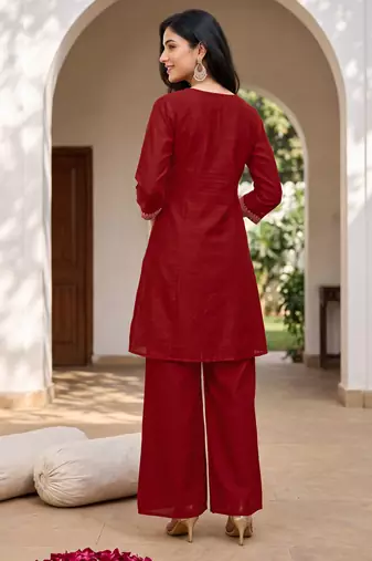 Red premium vichitra silk stand collar v-neck embroidered kurta palazzo 2 piece co-ord sets for women