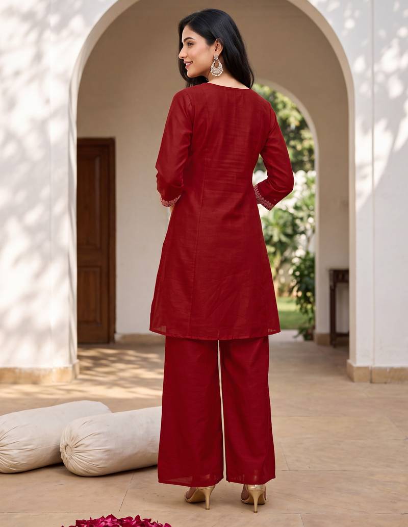 Red premium vichitra silk stand collar v-neck embroidered kurta palazzo 2 piece co-ord sets for women