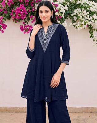 Blue premium vichitra silk stand collar v-neck embroideblue kurta palazzo 2 piece co-ord sets for women 1
