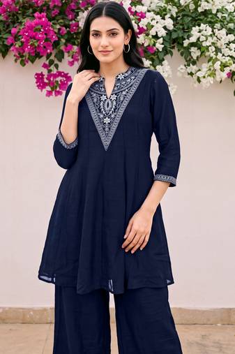 Blue premium vichitra silk stand collar v-neck embroideblue kurta palazzo 2 piece co-ord sets for women