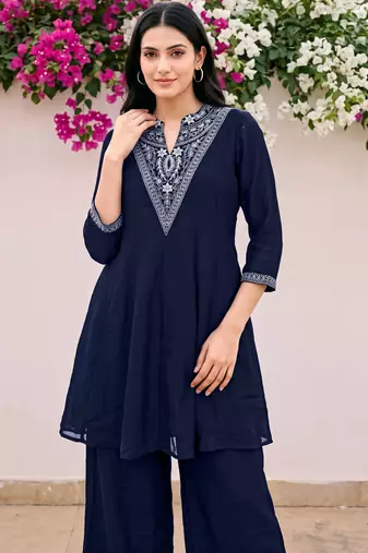 Blue premium vichitra silk stand collar v-neck embroideblue kurta palazzo 2 piece co-ord sets for women