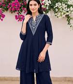 Blue premium vichitra silk stand collar v-neck embroideblue kurta palazzo 2 piece co-ord sets for women