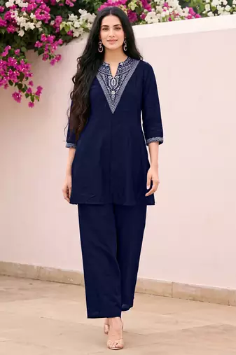 Blue premium vichitra silk stand collar v-neck embroideblue kurta palazzo 2 piece co-ord sets for women
