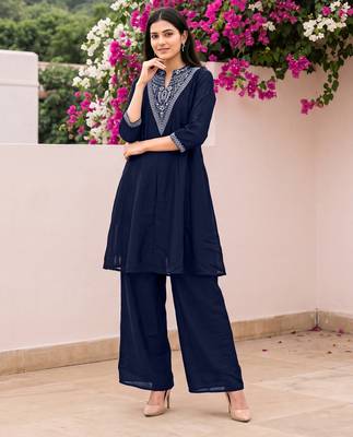 Blue premium vichitra silk stand collar v-neck embroideblue kurta palazzo 2 piece co-ord sets for women 3