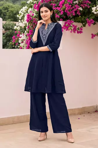 Blue premium vichitra silk stand collar v-neck embroideblue kurta palazzo 2 piece co-ord sets for women