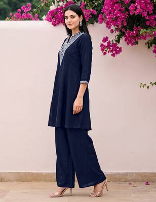 Blue premium vichitra silk stand collar v-neck embroideblue kurta palazzo 2 piece co-ord sets for women 4