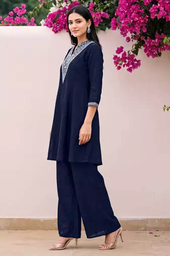 Blue premium vichitra silk stand collar v-neck embroideblue kurta palazzo 2 piece co-ord sets for women