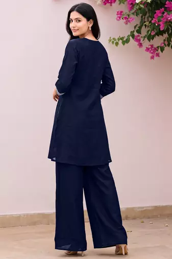 Blue premium vichitra silk stand collar v-neck embroideblue kurta palazzo 2 piece co-ord sets for women