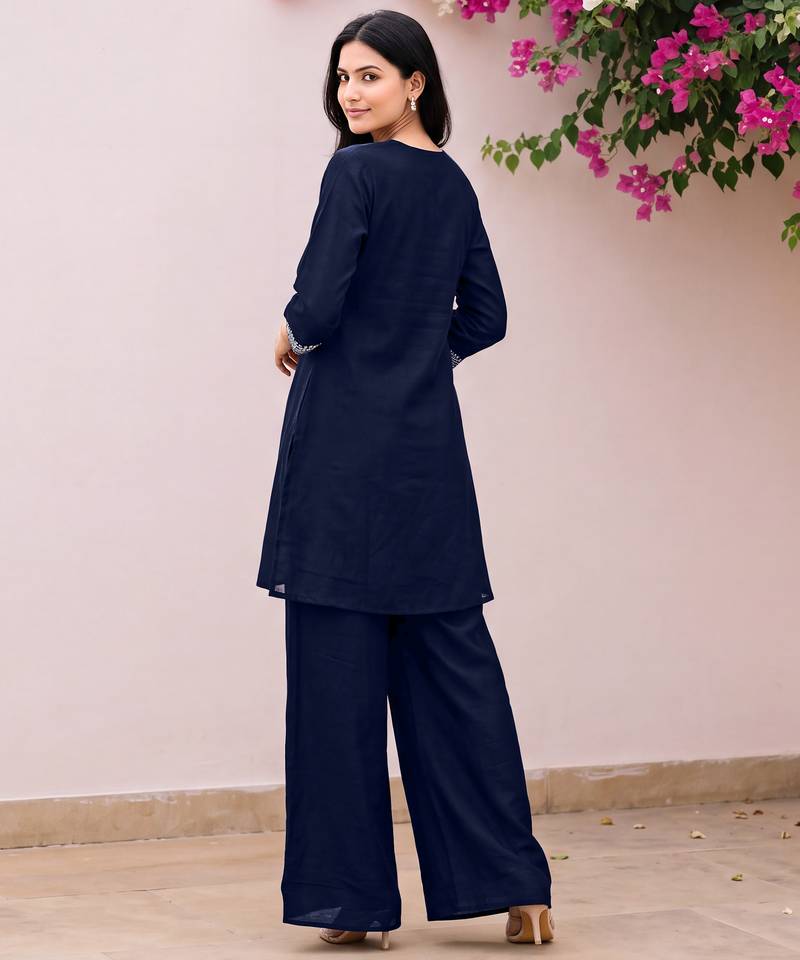 Blue premium vichitra silk stand collar v-neck embroideblue kurta palazzo 2 piece co-ord sets for women