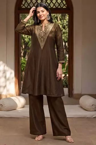 Mahendi premium vichitra silk stand collar v-neck embroidemahendi kurta palazzo 2 piece co-ord sets for women