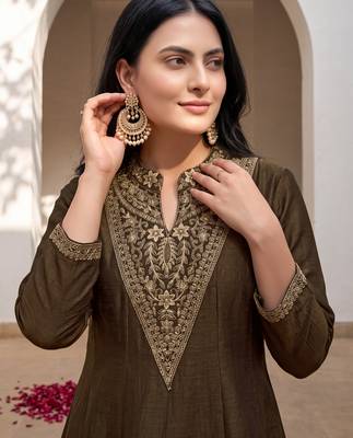 Mahendi premium vichitra silk stand collar v-neck embroidemahendi kurta palazzo 2 piece co-ord sets for women 2