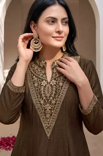 Mahendi premium vichitra silk stand collar v-neck embroidemahendi kurta palazzo 2 piece co-ord sets for women