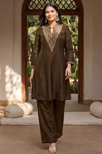 Mahendi premium vichitra silk stand collar v-neck embroidemahendi kurta palazzo 2 piece co-ord sets for women