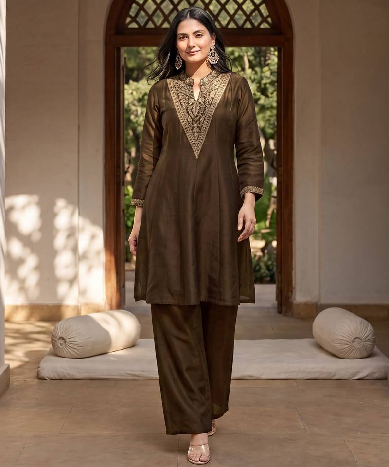 Mahendi premium vichitra silk stand collar v-neck embroidemahendi kurta palazzo 2 piece co-ord sets for women