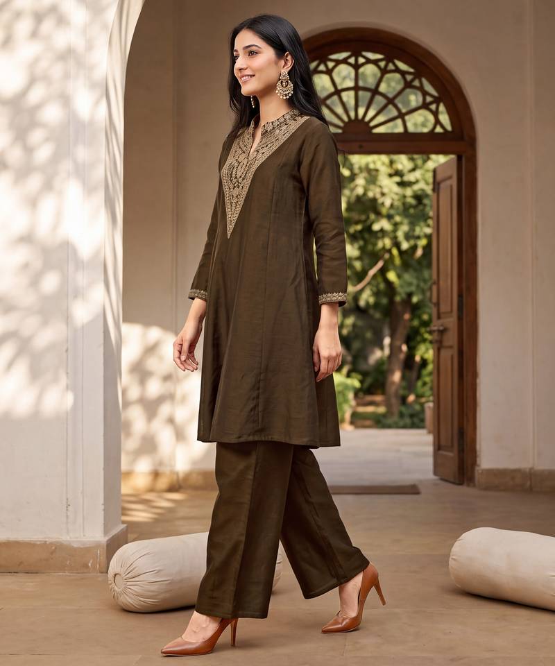 Mahendi premium vichitra silk stand collar v-neck embroidemahendi kurta palazzo 2 piece co-ord sets for women