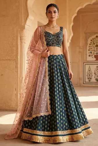 TEAL-BLUE BANARASI viscose LEHENGA CHOLI WITH DUPATTA