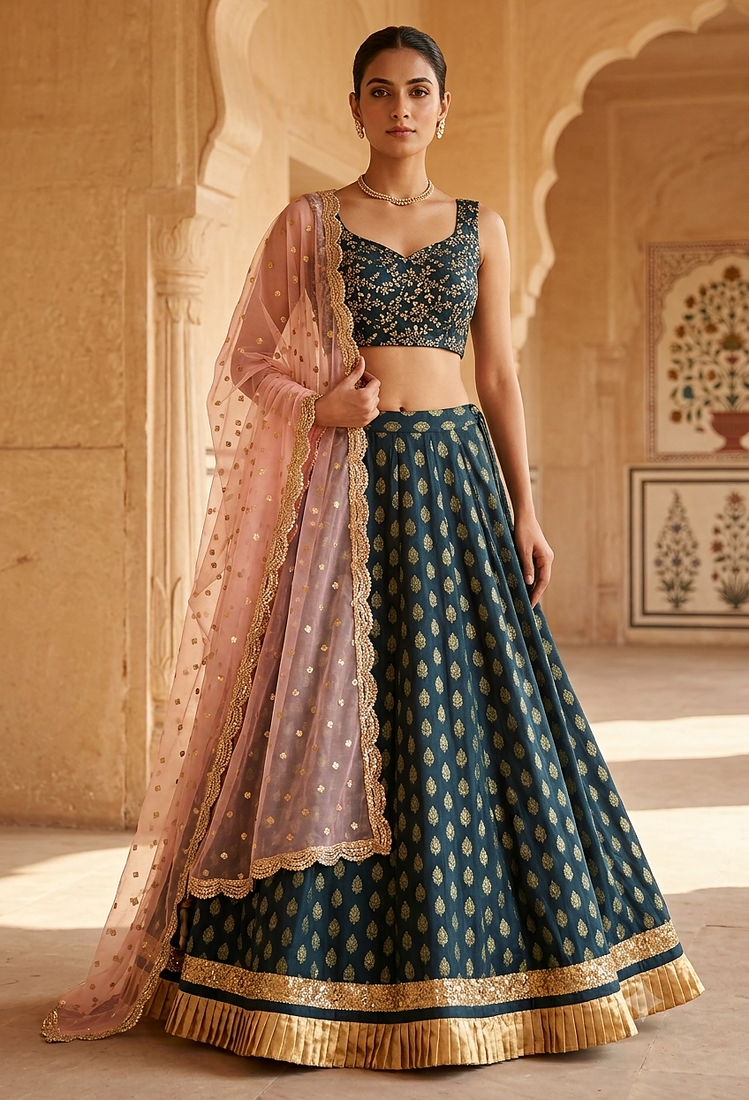 TEAL-BLUE BANARASI viscose LEHENGA CHOLI WITH DUPATTA