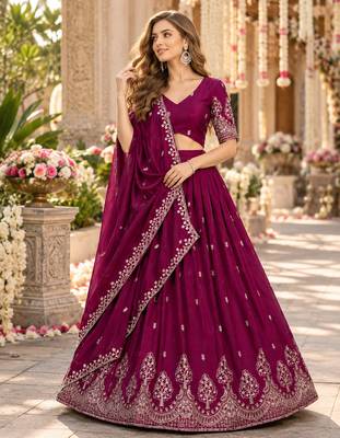 Magenta Silk Blend Semi Stitced Lehenga Choli with Thread & Sequence Work 1