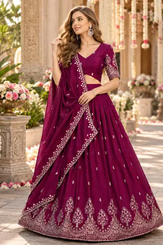 Magenta Silk Blend Semi Stitced Lehenga Choli with Thread & Sequence Work