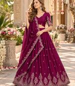 Magenta Silk Blend Semi Stitced Lehenga Choli with Thread & Sequence Work