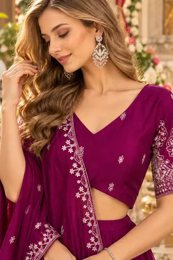 Magenta Silk Blend Semi Stitced Lehenga Choli with Thread & Sequence Work