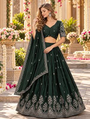 Emerald Silk Blend Semi Stitced Lehenga Choli with Thread & Sequence Work 1