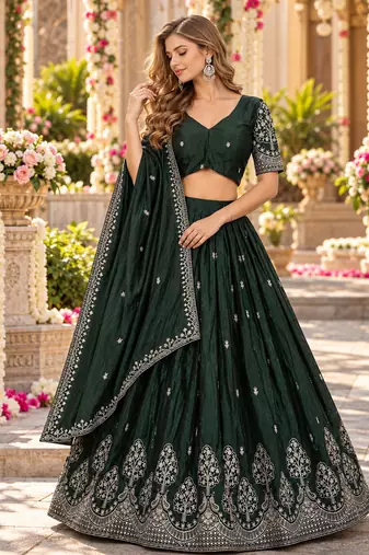 Emerald Silk Blend Semi Stitced Lehenga Choli with Thread & Sequence Work