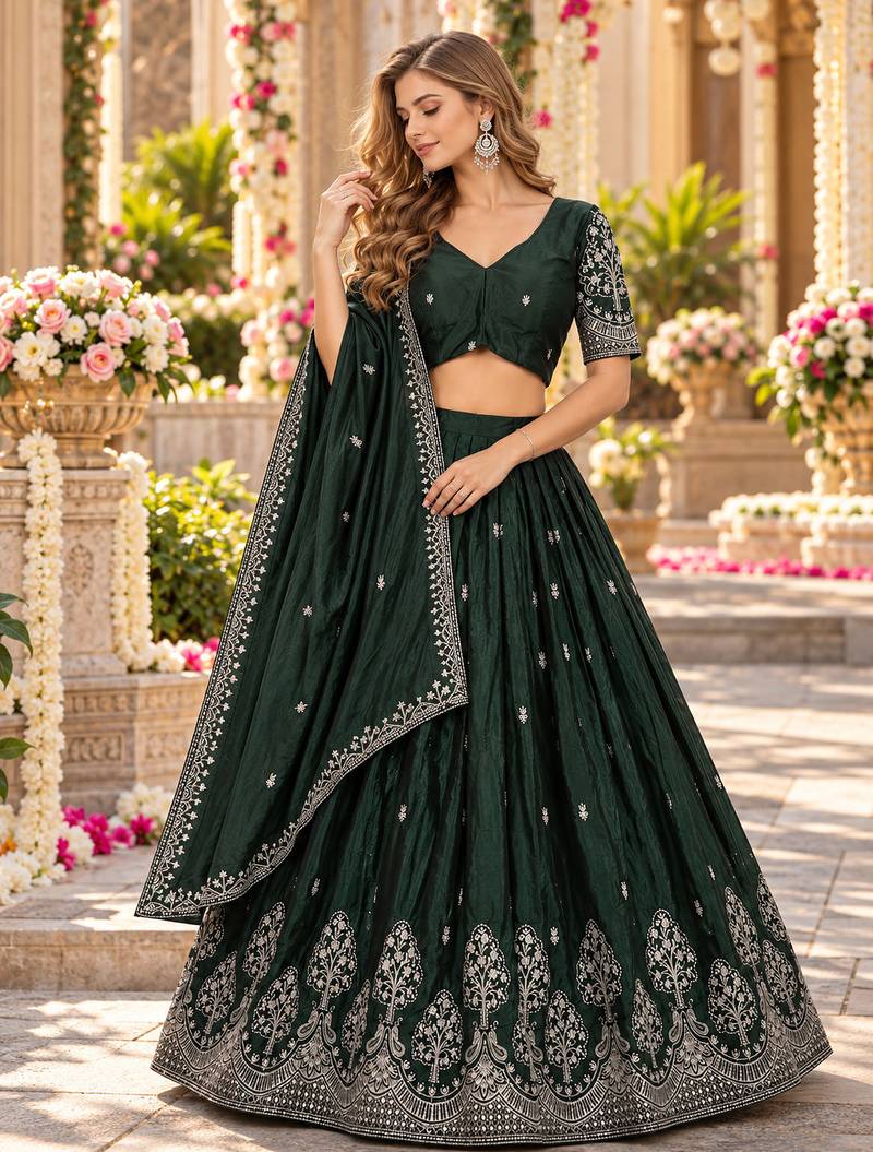 Emerald Silk Blend Semi Stitced Lehenga Choli with Thread & Sequence Work
