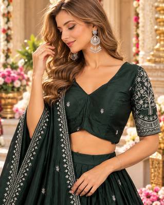 Emerald Silk Blend Semi Stitced Lehenga Choli with Thread & Sequence Work 2
