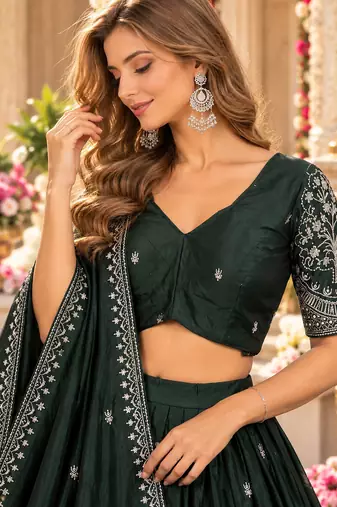 Emerald Silk Blend Semi Stitced Lehenga Choli with Thread & Sequence Work