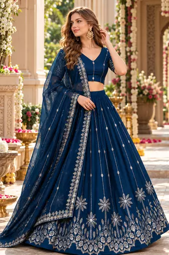 Navy Silk Blend Semi Stitced Lehenga Choli with Thread & Sequence Work