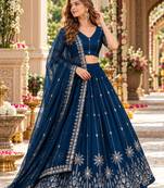 Navy Silk Blend Semi Stitced Lehenga Choli with Thread & Sequence Work