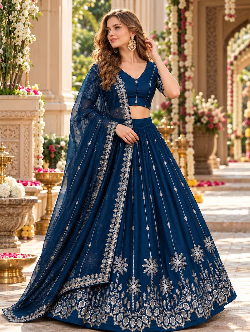 Navy Silk Blend Semi Stitced Lehenga Choli with Thread & Sequence Work