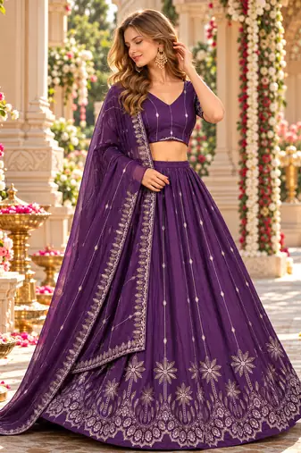 Purple Silk Blend Semi Stitced Lehenga Choli with Thread & Sequence Work