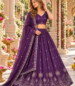 Purple Silk Blend Semi Stitced Lehenga Choli with Thread & Sequence Work