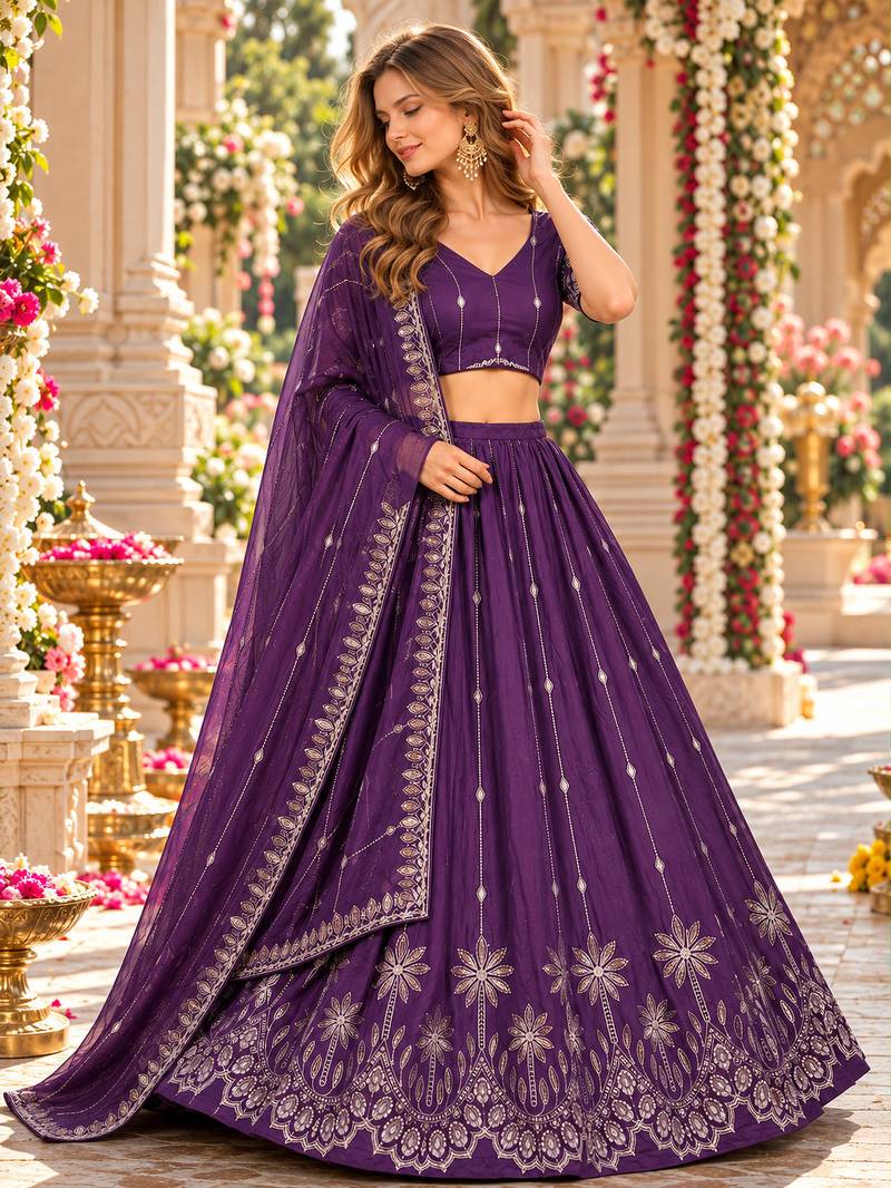 Purple Silk Blend Semi Stitced Lehenga Choli with Thread & Sequence Work