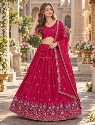 Pink Silk Blend Semi Stitced Lehenga Choli with Thread & Sequence Work 1