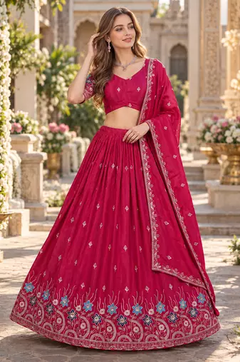 Pink Silk Blend Semi Stitced Lehenga Choli with Thread & Sequence Work