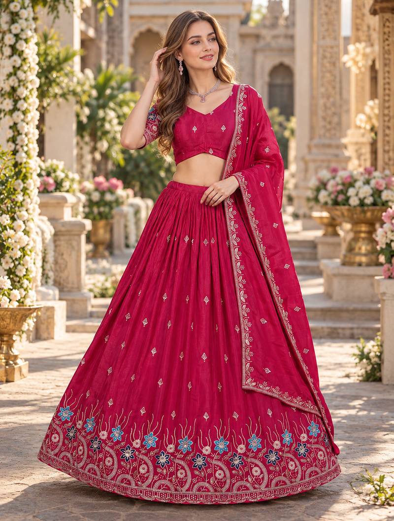 Pink Silk Blend Semi Stitced Lehenga Choli with Thread & Sequence Work